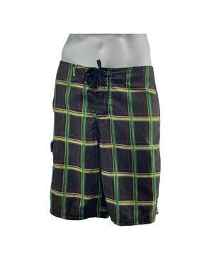 Hurley Mens Plaid Board Shorts Black/Yellow/Red Recycled Polyester Cargo Pocket